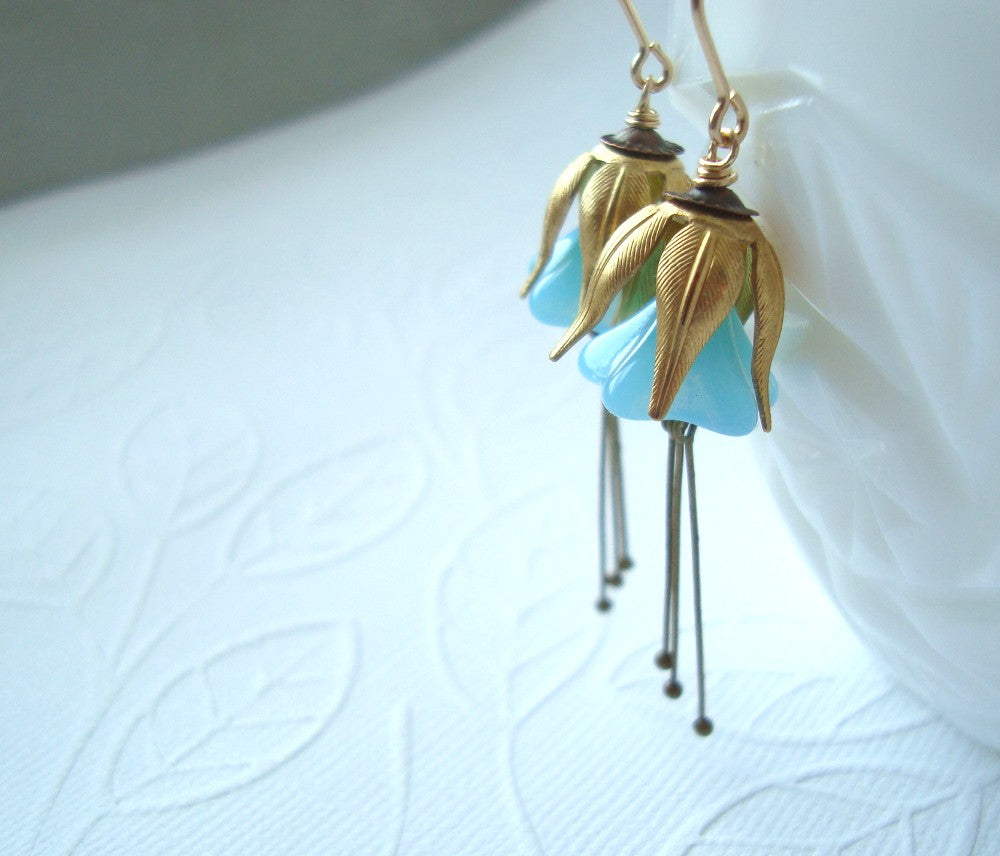 Aqua Blue Blossom and Brass Earrings