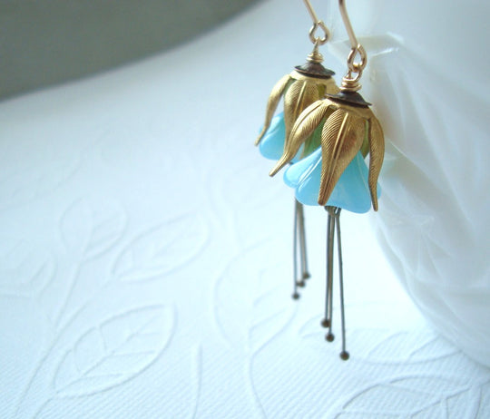 Aqua Blue Blossom and Brass Earrings