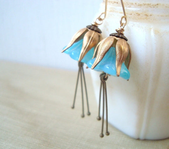 Aqua Blue Blossom and Brass Earrings