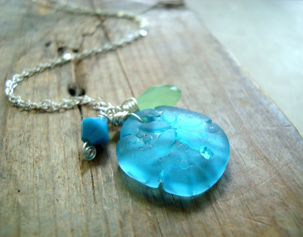 Aqua Sand Dollar Necklace With Crystal
