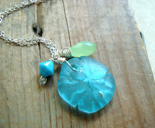 Aqua Sand Dollar Necklace With Crystal