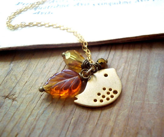 Autumn Bird Necklace with Glass and Crystal
