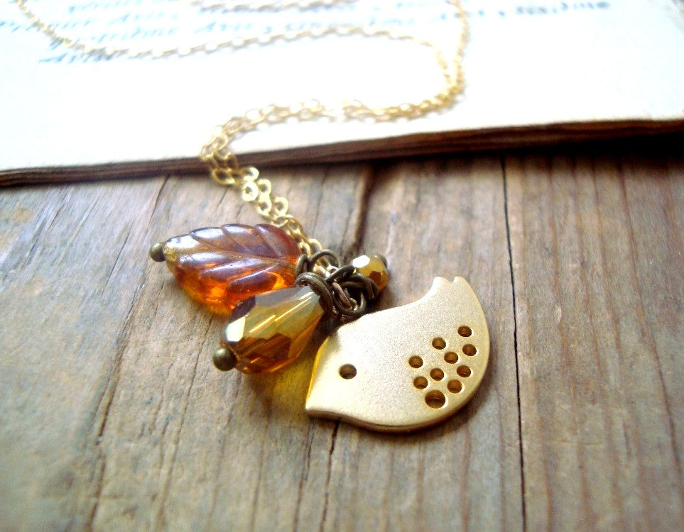 Autumn Bird Necklace with Glass and Crystal
