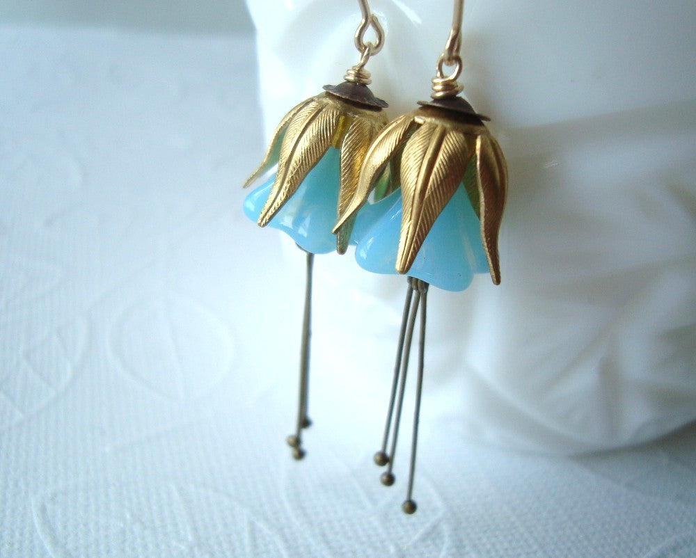 Aqua Blue Blossom and Brass Earrings