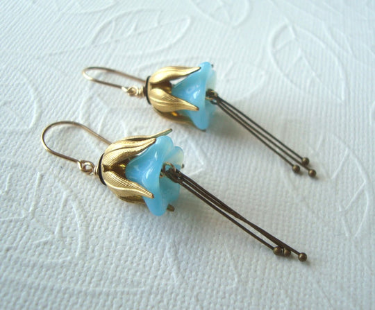 Aqua Blue Blossom and Brass Earrings