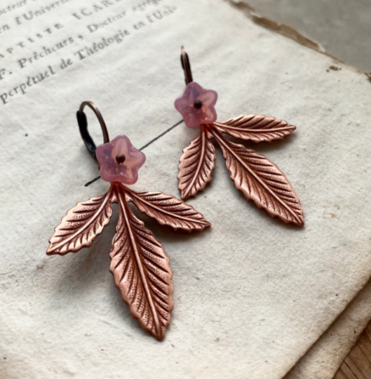 Copper Leaf Earrings With Pink Flower