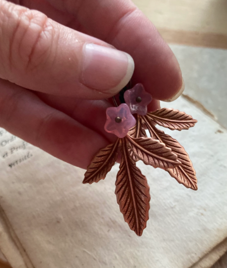 Copper Leaf Earrings With Pink Flower