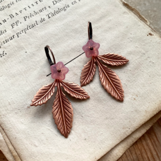 Copper Leaf Earrings With Pink Flower