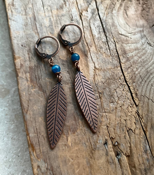 Antiqued Copper Feather Earrings with Blue Stone