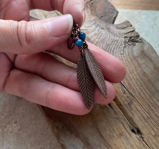 Antiqued Copper Feather Earrings with Blue Stone