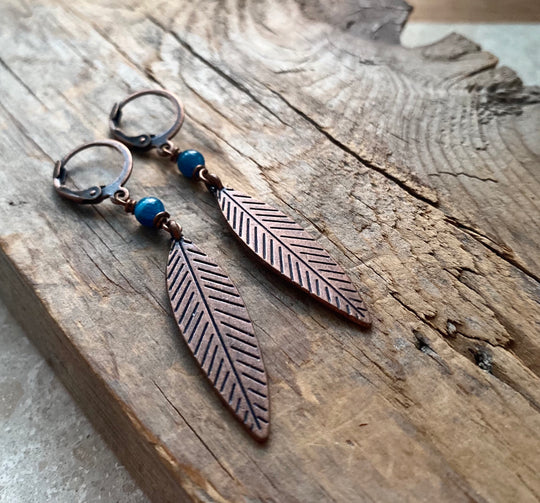 Antiqued Copper Feather Earrings with Blue Stone
