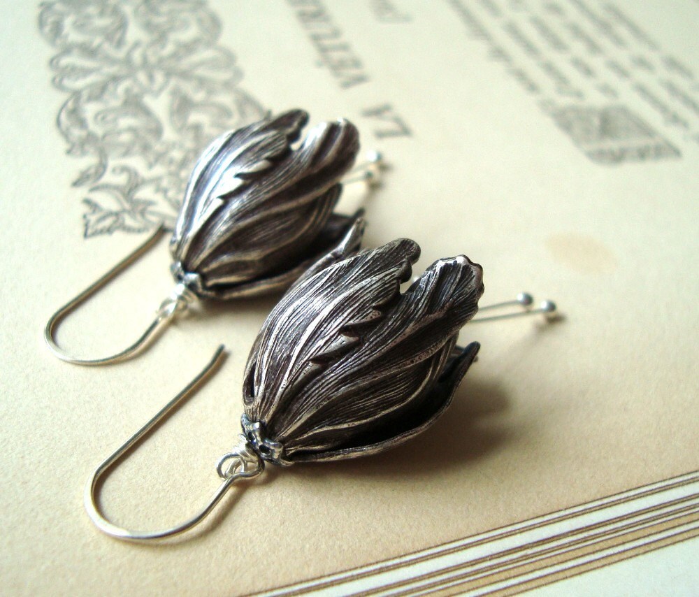 Large Silver Tulip Flower Earrings