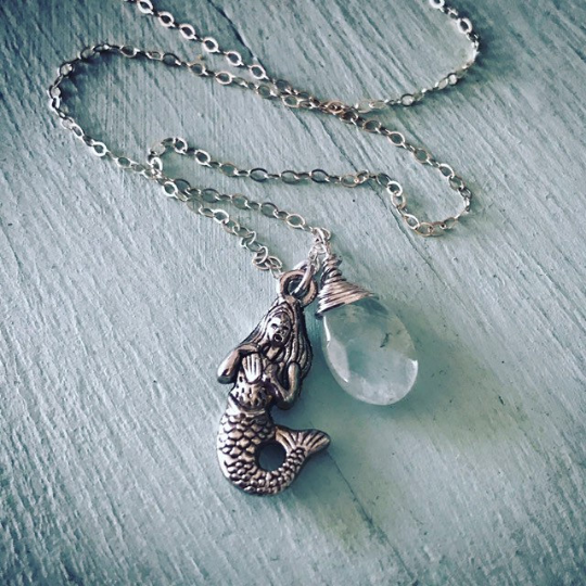 Silver Mermaid Necklace With Aquamarine
