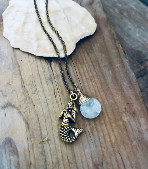 Gold Mermaid Necklace With Aquamarine