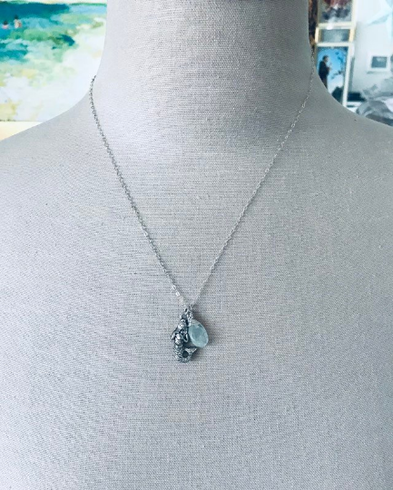 Silver Mermaid Necklace With Aquamarine