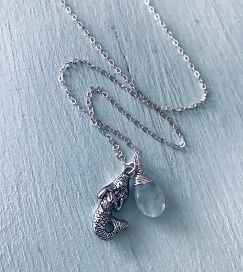 Silver Mermaid Necklace With Aquamarine