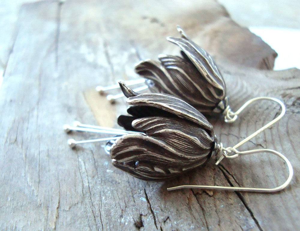 Large Silver Tulip Flower Earrings