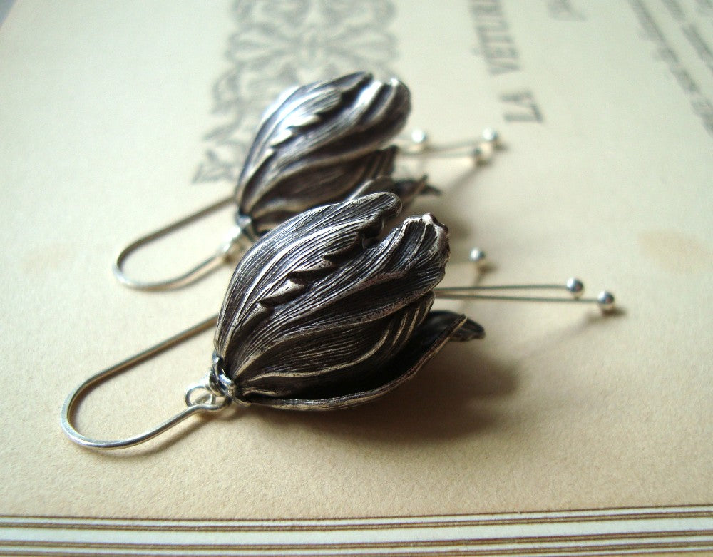 Large Silver Tulip Flower Earrings