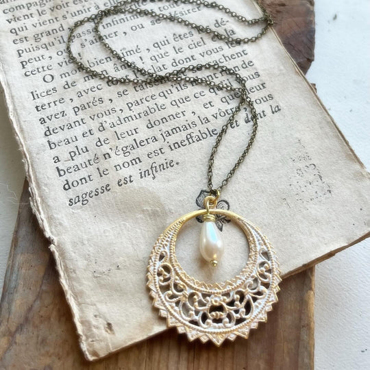 Boho Filigree Bridal Necklace with White Pearl