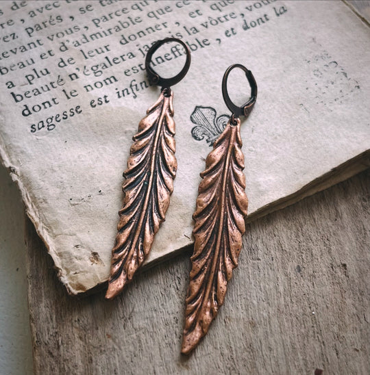 Large Antiqued Copper Feather Earrings