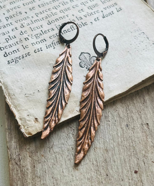 Large Antiqued Copper Feather Earrings