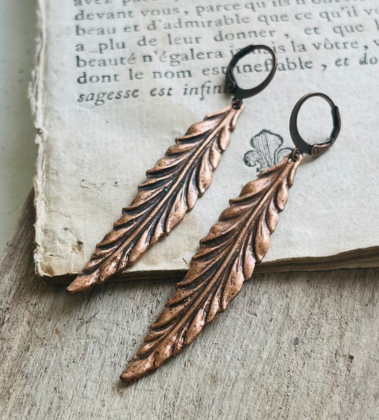 Large Antiqued Copper Feather Earrings