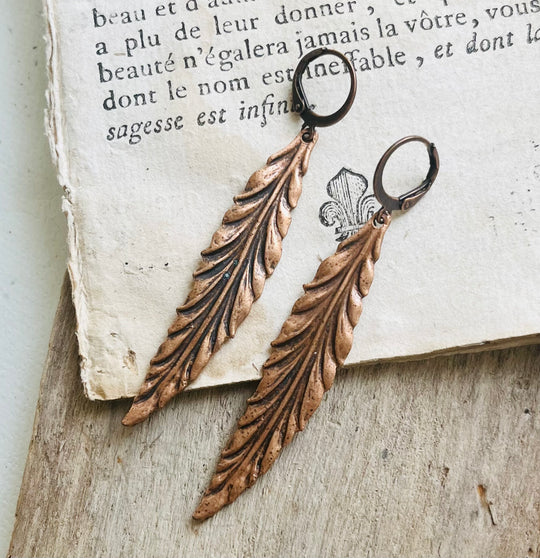 Large Antiqued Copper Feather Earrings