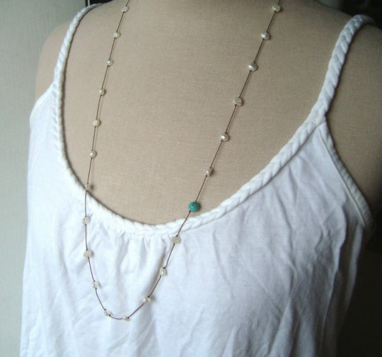 Long Pearl and Turquoise Knotted Silk Necklace