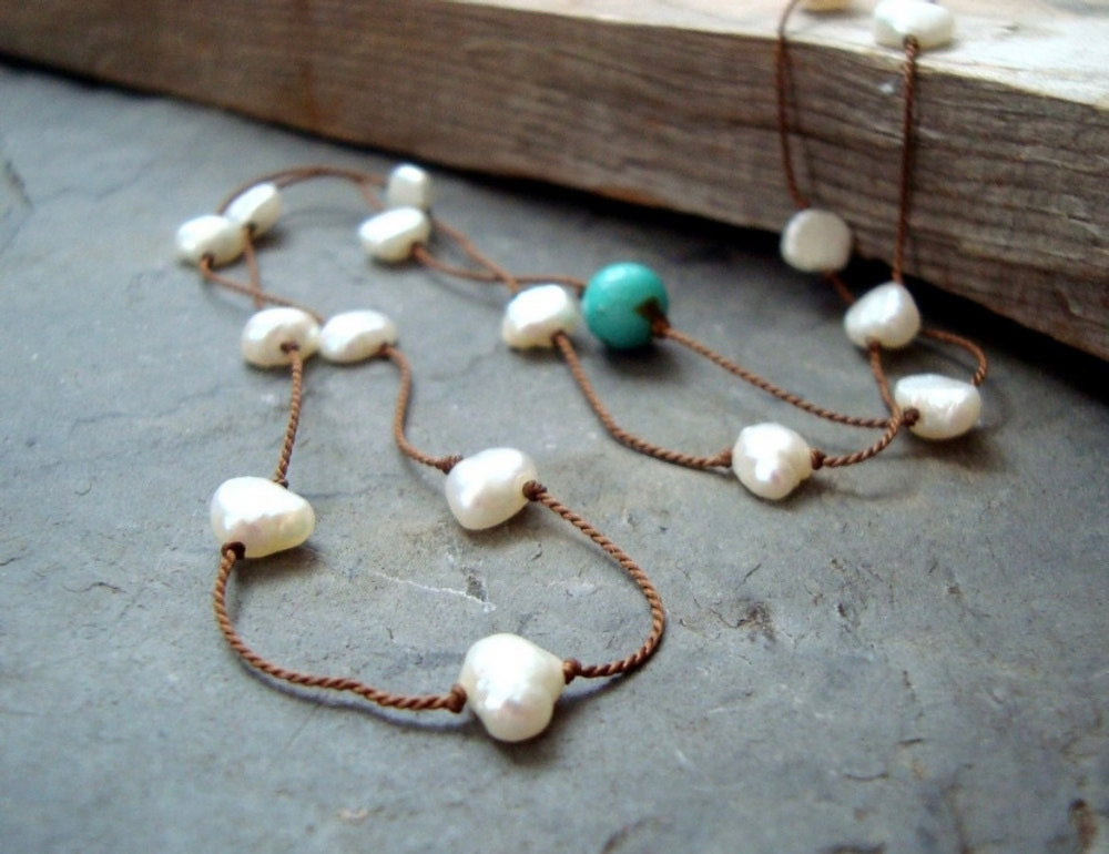 Long Pearl and Turquoise Knotted Silk Necklace
