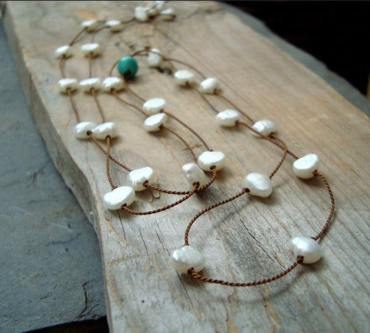 Long Pearl and Turquoise Knotted Silk Necklace