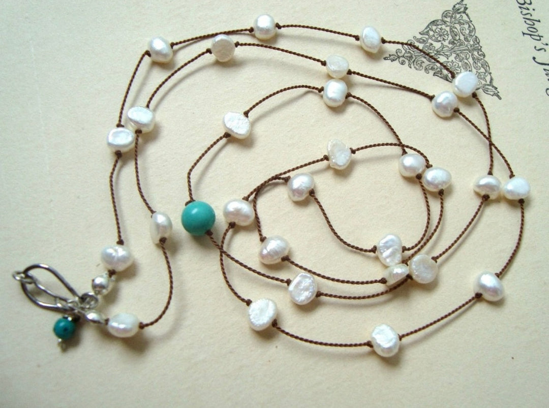 Long Pearl and Turquoise Knotted Silk Necklace