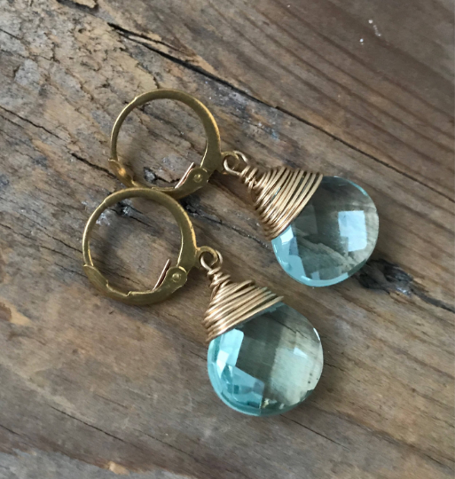 Aqua Glass Briolette Earrings With Gold Filled Wire