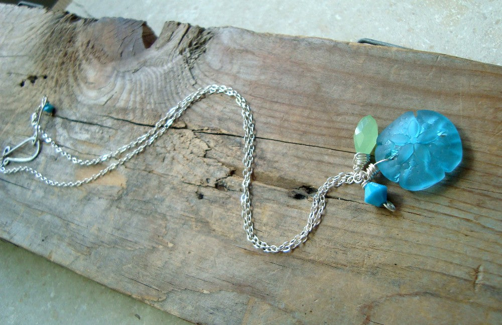 Aqua Sand Dollar Necklace With Crystal