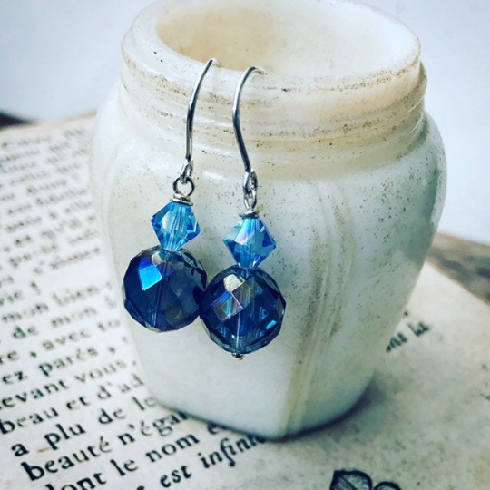 Blue Crystal and Sterling Silver Earrings