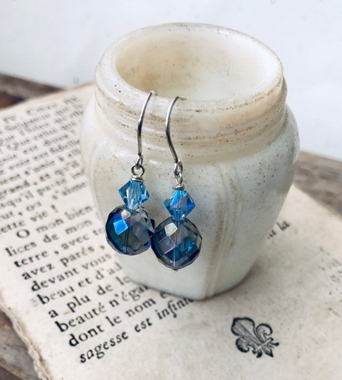 Blue Crystal and Sterling Silver Earrings