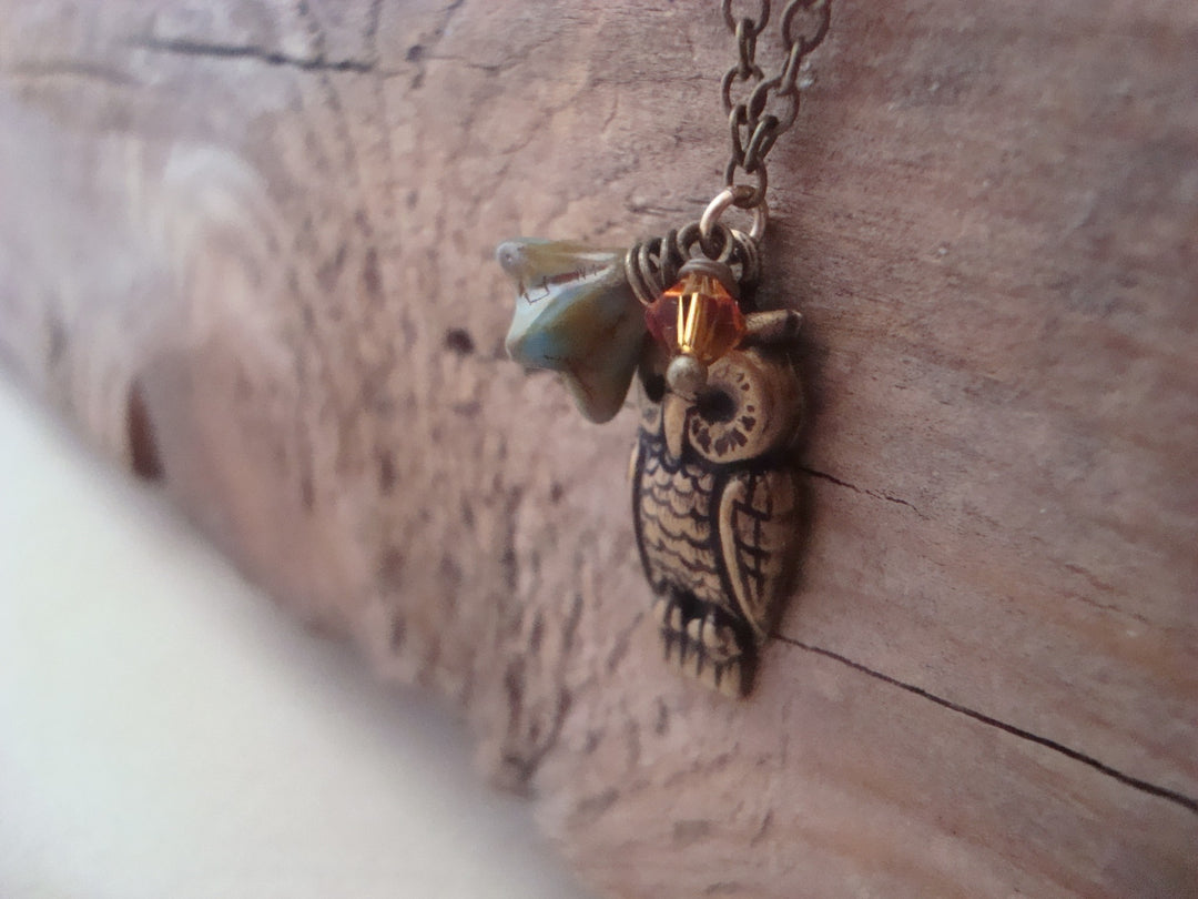 Brass Owl Necklace With Blossom