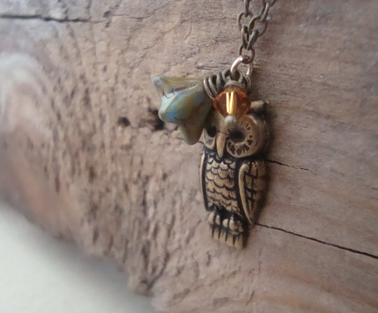 Brass Owl Necklace With Blossom