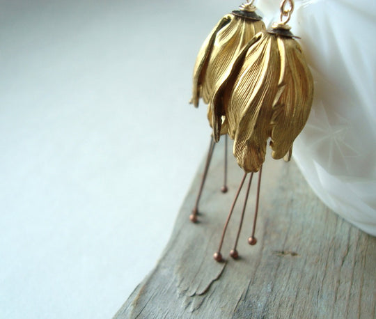 Large Brass Tulip Flower Earrings