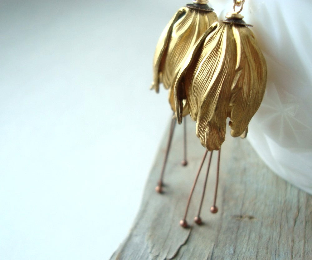 Large Brass Tulip Flower Earrings