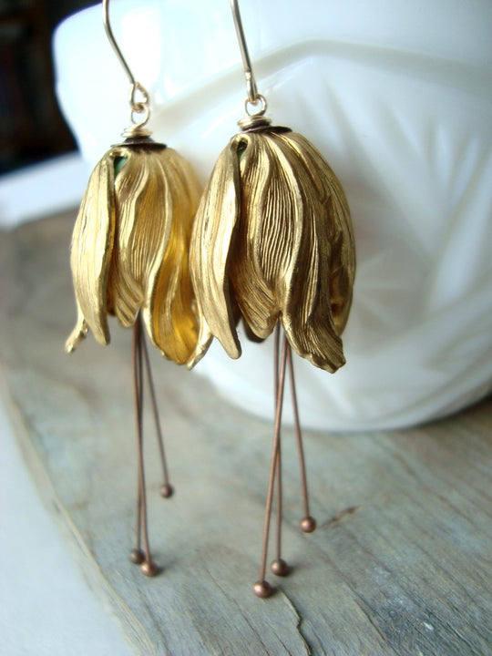 Large Brass Tulip Flower Earrings