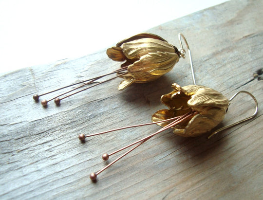 Large Brass Tulip Flower Earrings