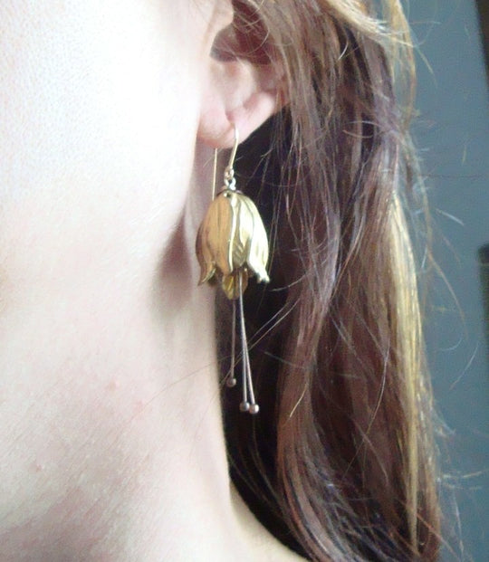 Large Brass Tulip Flower Earrings