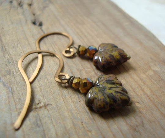 Brown Maple Leaf Earrings with Crystal