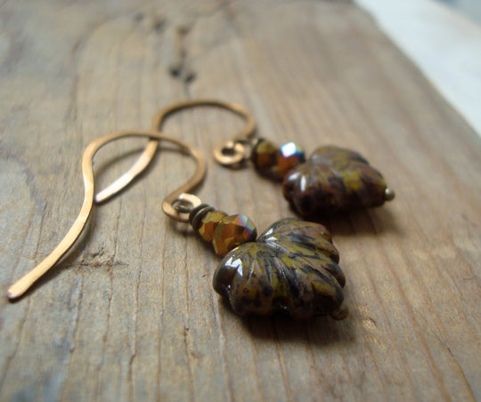 Brown Maple Leaf Earrings with Crystal