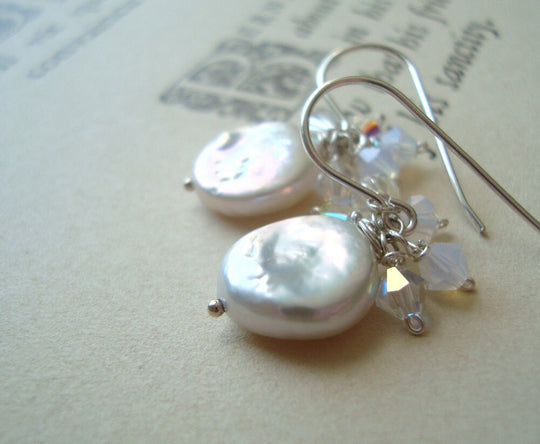 White Coin Pearl and Crystal Earrings