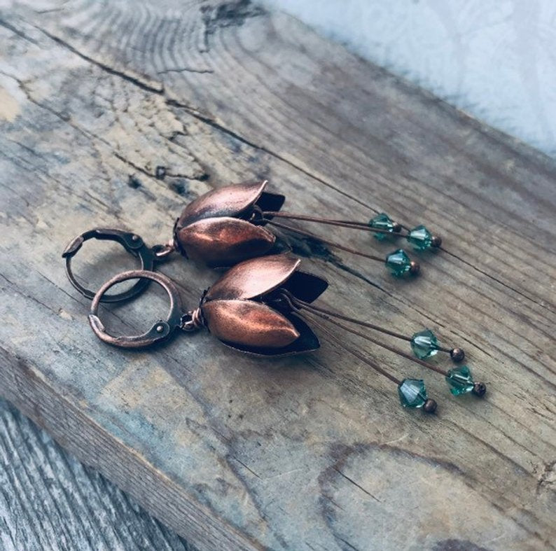 Copper Tulip Earrings With Green Crystal