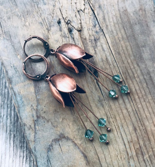 Copper Tulip Earrings With Green Crystal