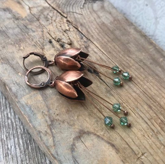 Copper Tulip Earrings With Green Crystal