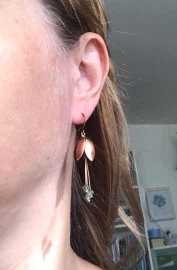 Copper Tulip Earrings With Green Crystal