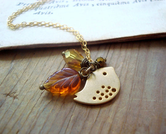 Autumn Bird Necklace with Glass and Crystal
